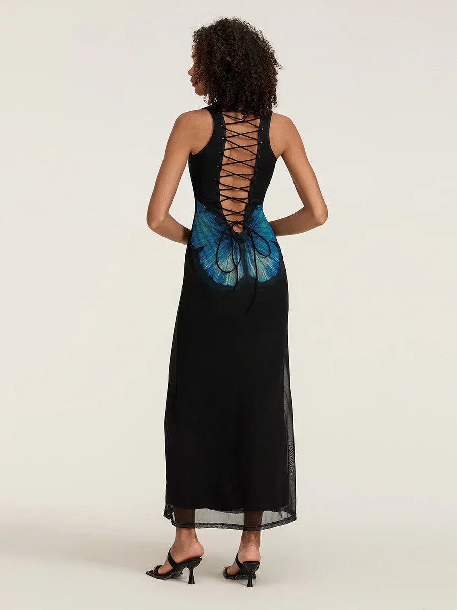 Butterfly Print Sleeveless Bodycon Maxi Dress 3
