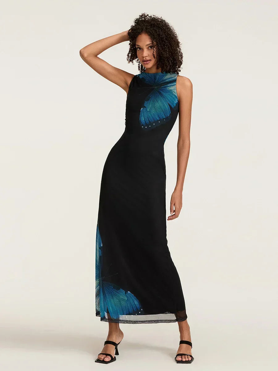 Butterfly Print Sleeveless Bodycon Maxi Dress 4