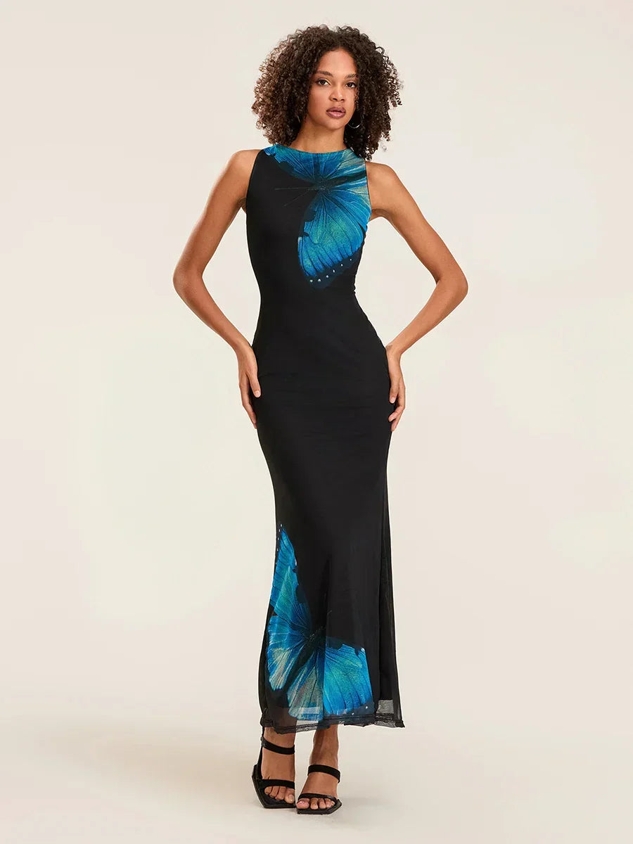 Butterfly Print Sleeveless Bodycon Maxi Dress