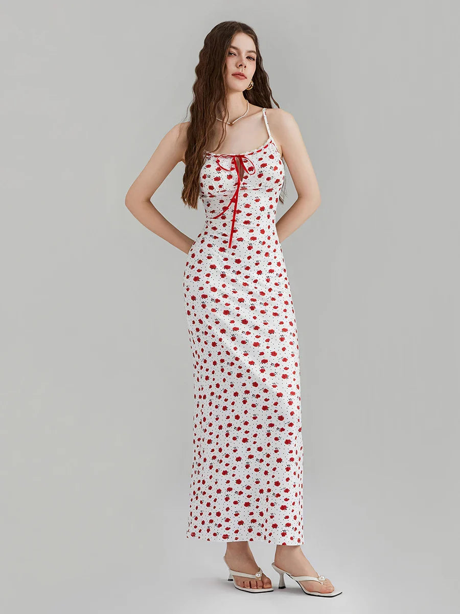 Floral Print Spaghetti Strap Ribbon Tie-Up Slip Vacation Floral Dress