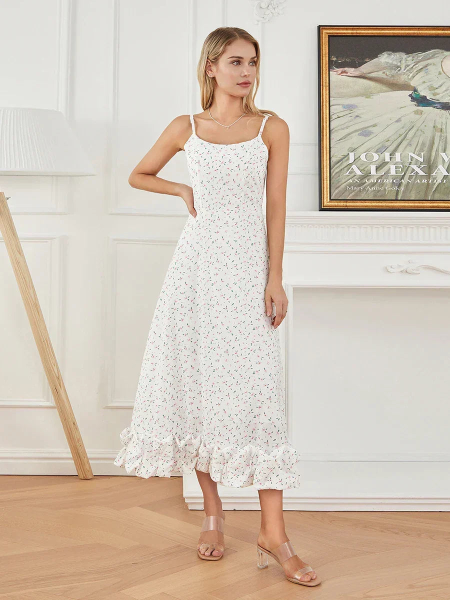 Ditsy Floral Square Neck Sleeveless Ruffle Hem Maxi Dress