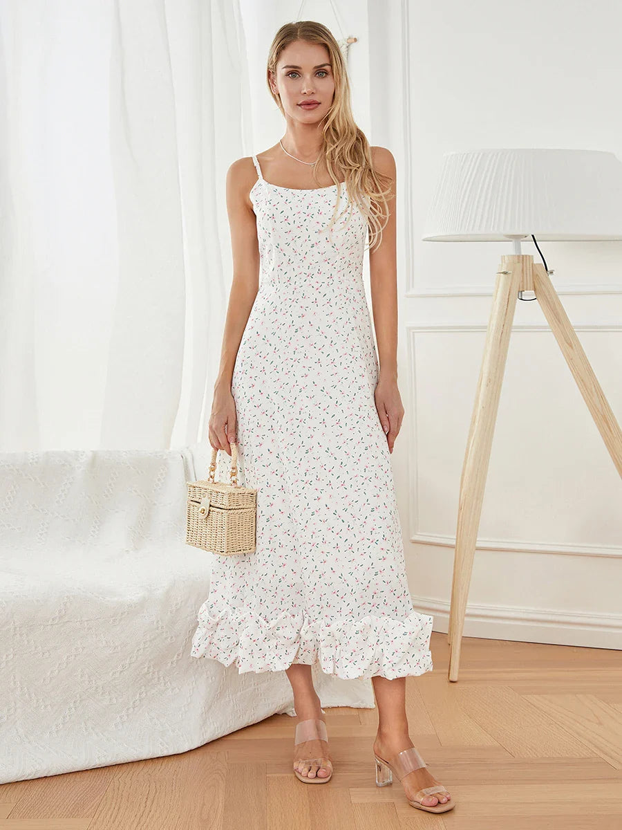 Spaghetti Strap Ruffled Long Sweet Sling Bubble Hem A-line Floral Dress