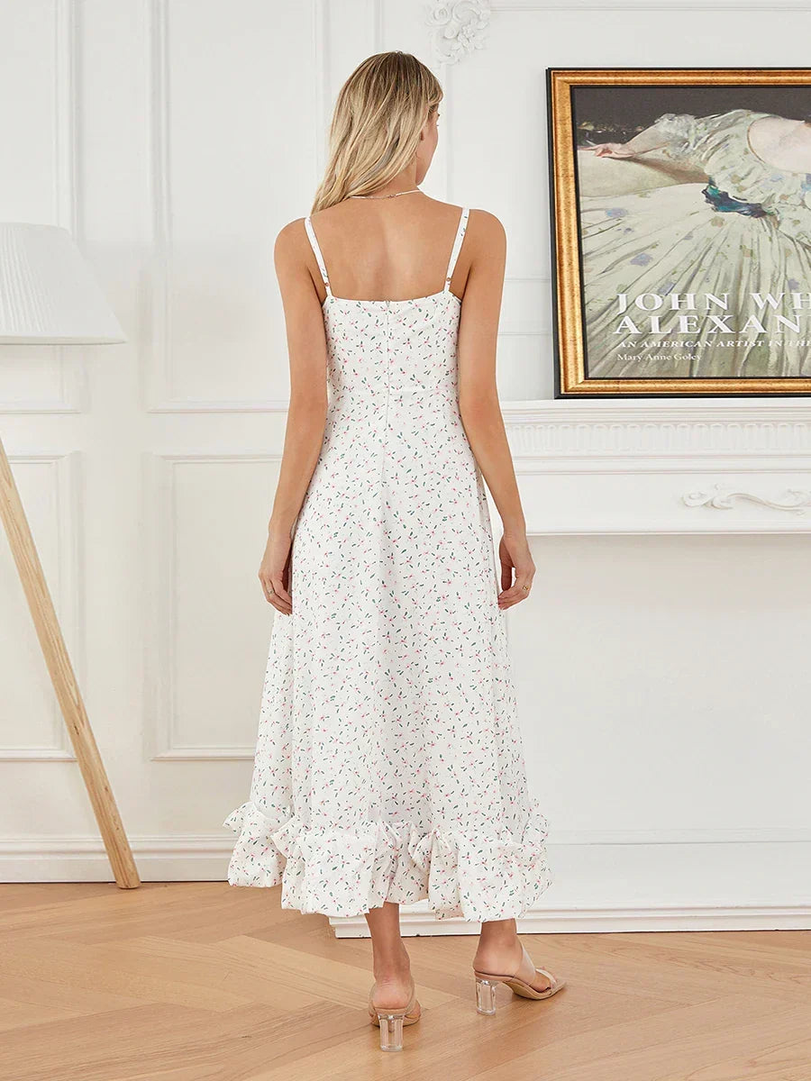 Ditsy Floral Square Neck Sleeveless Ruffle Hem Maxi Dress