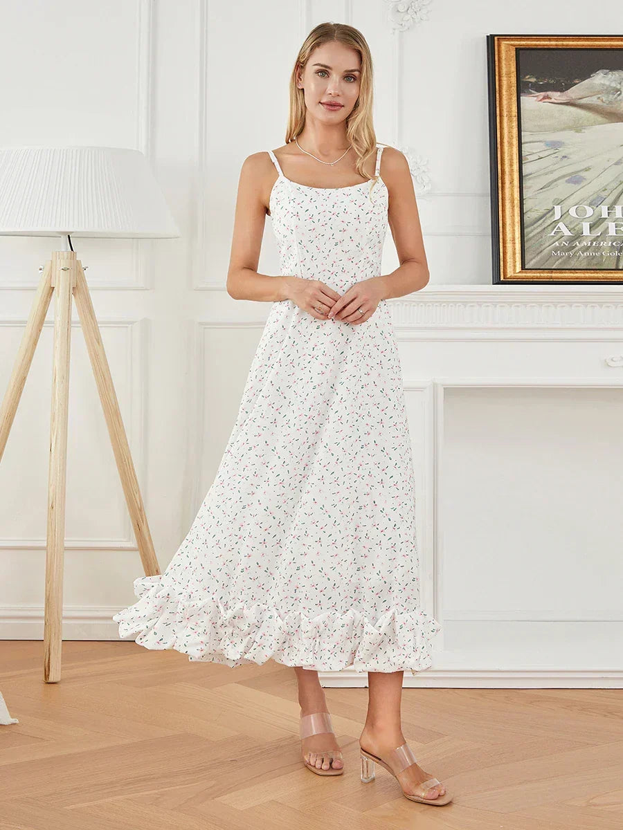 Ditsy Floral Square Neck Sleeveless Ruffle Hem Maxi Dress