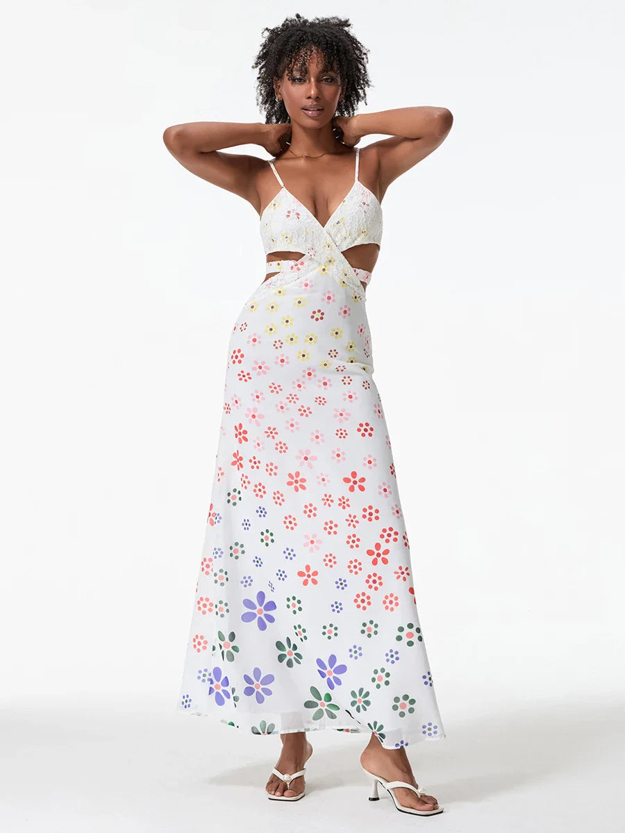 Spaghetti Straps Elegant Backless Bow Cross Floral Dress