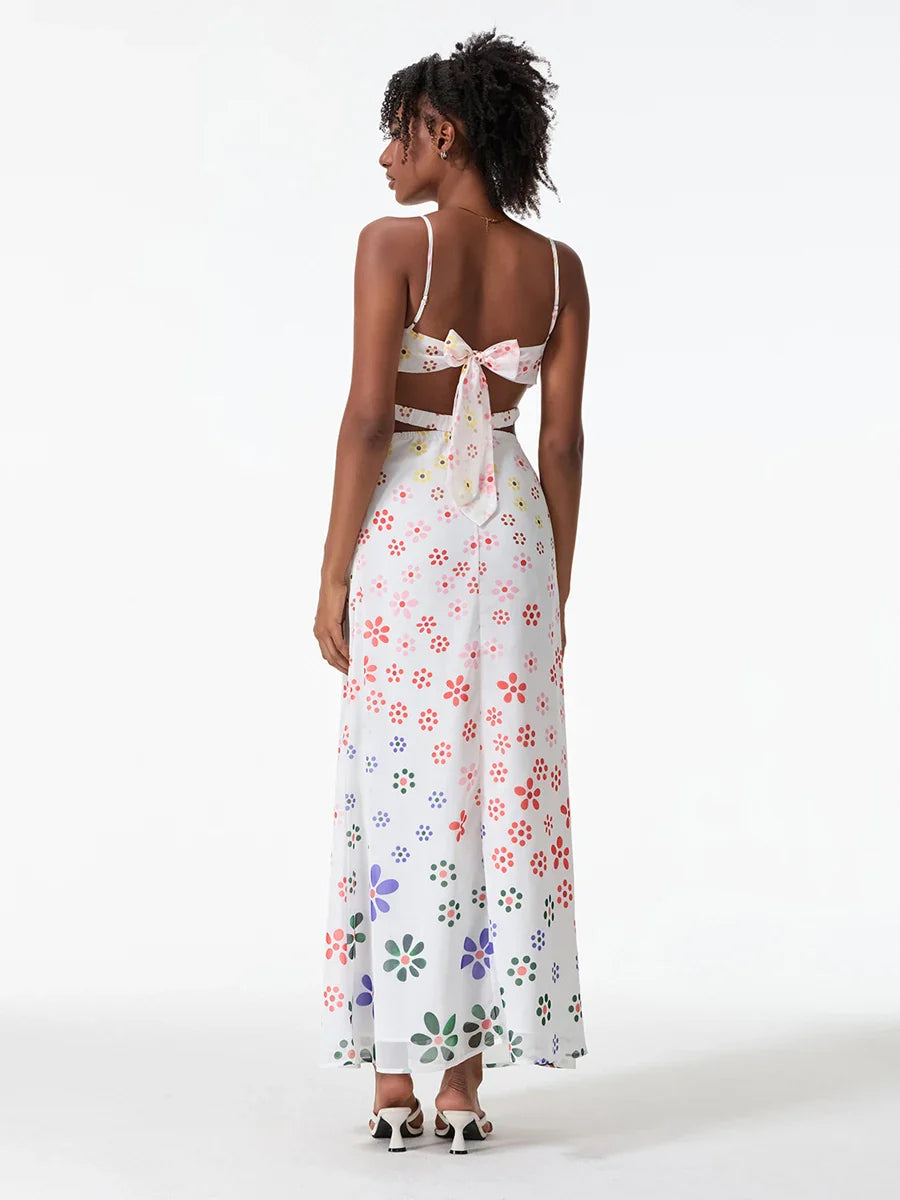 Spaghetti Straps Elegant Backless Bow Cross Floral Dress