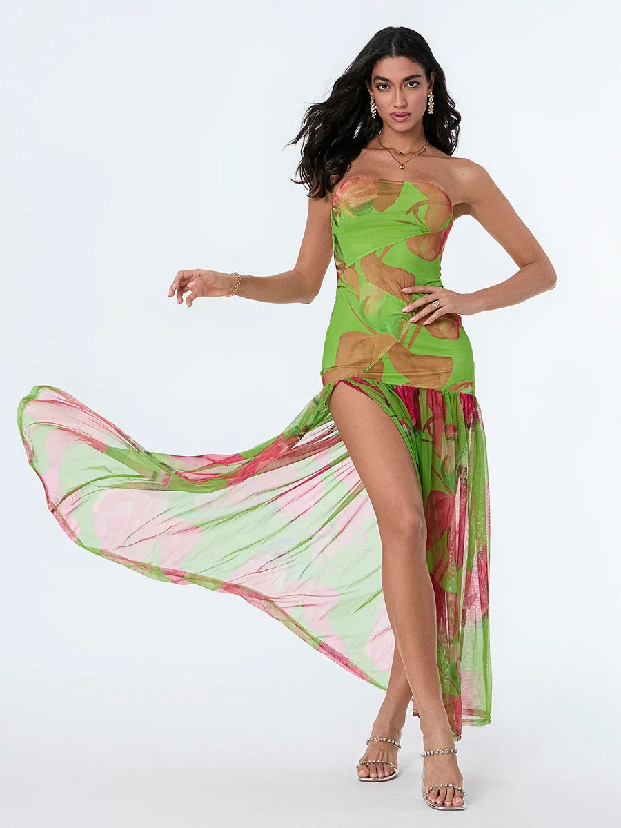 Strapless High Slit Mesh Hem Floral Dress