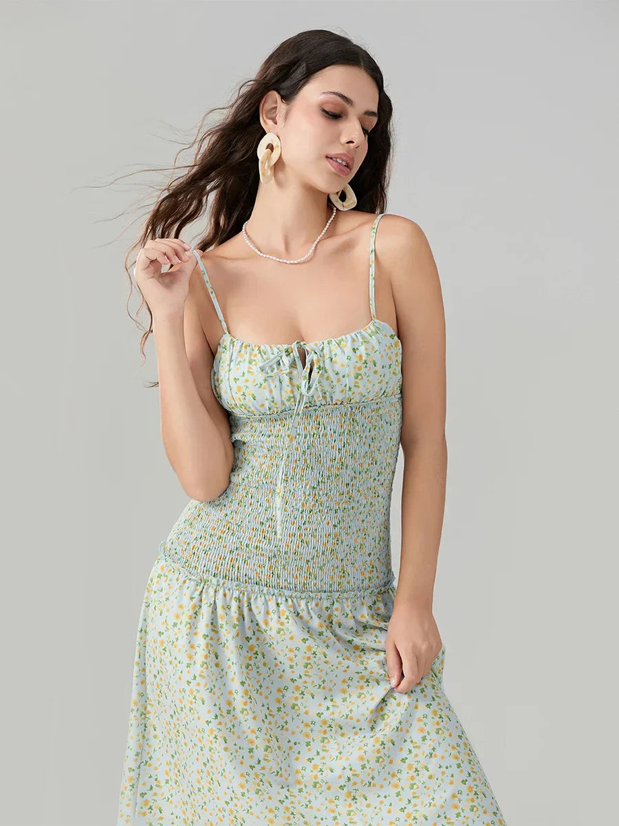 Floral Print Square Neck Smocked Tiered Midi Dress