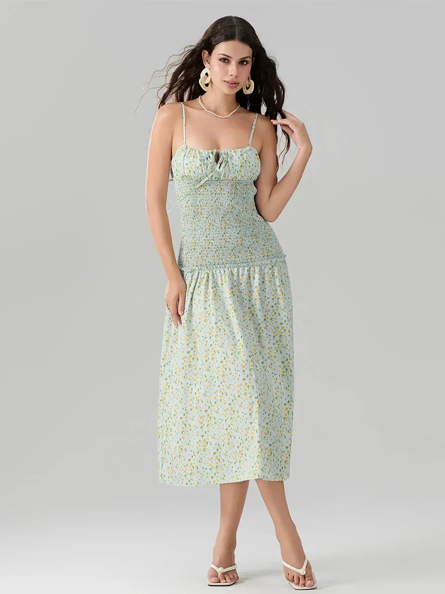 Floral Print Square Neck Smocked Tiered Midi Dress