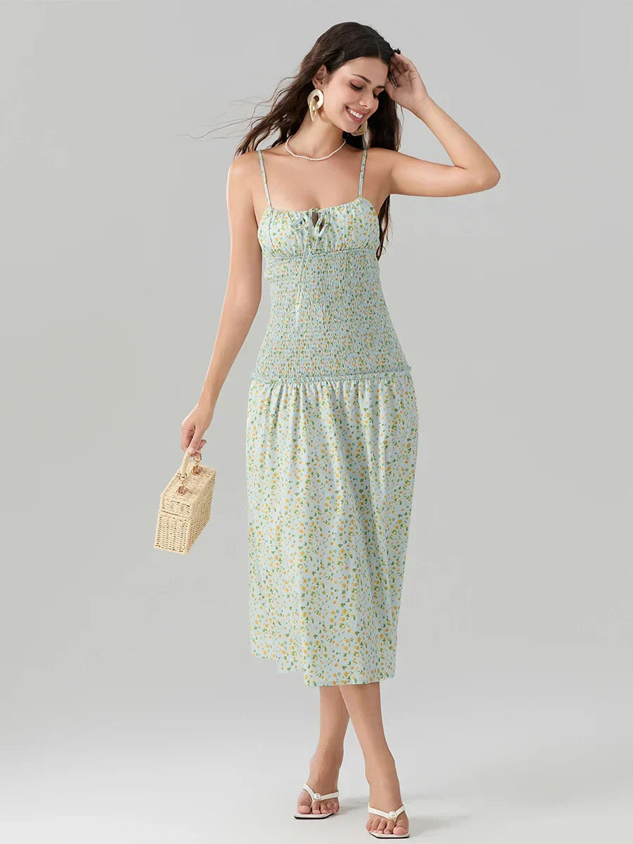 Floral Print Square Neck Smocked Tiered Midi Dress