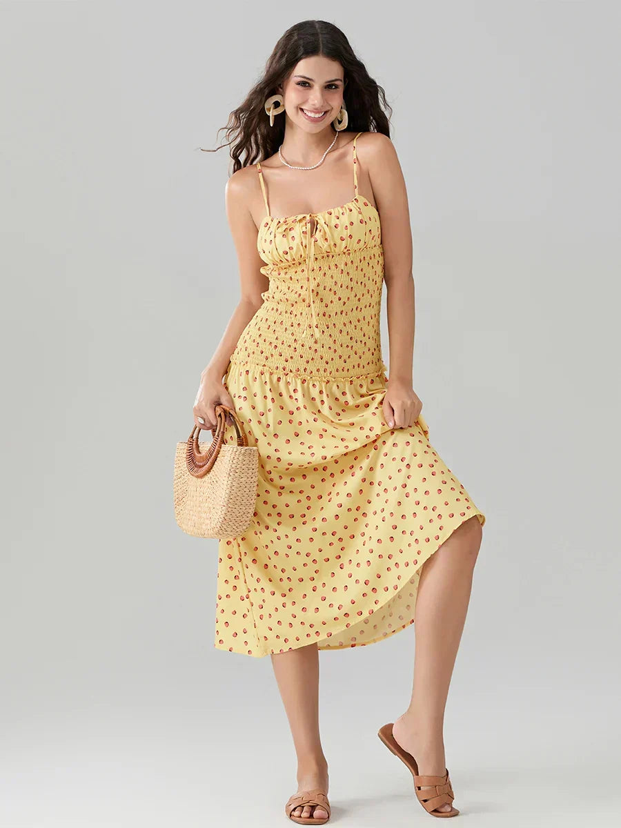 Floral Strawberry Camis Backless Tied Front Floral Dress YELLOW / S floraldress-250126