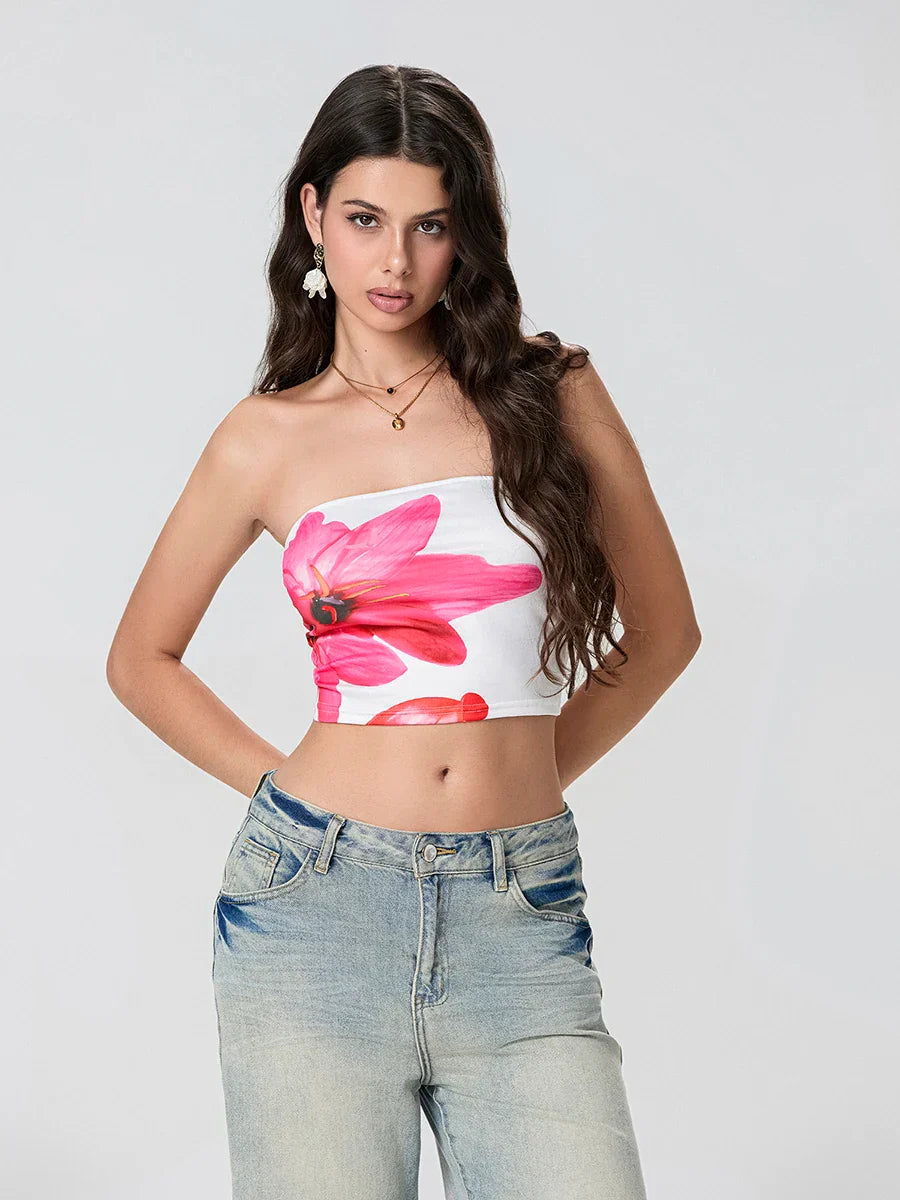 Floral Print Backless Strapless Cropped Tube Top Bandeau