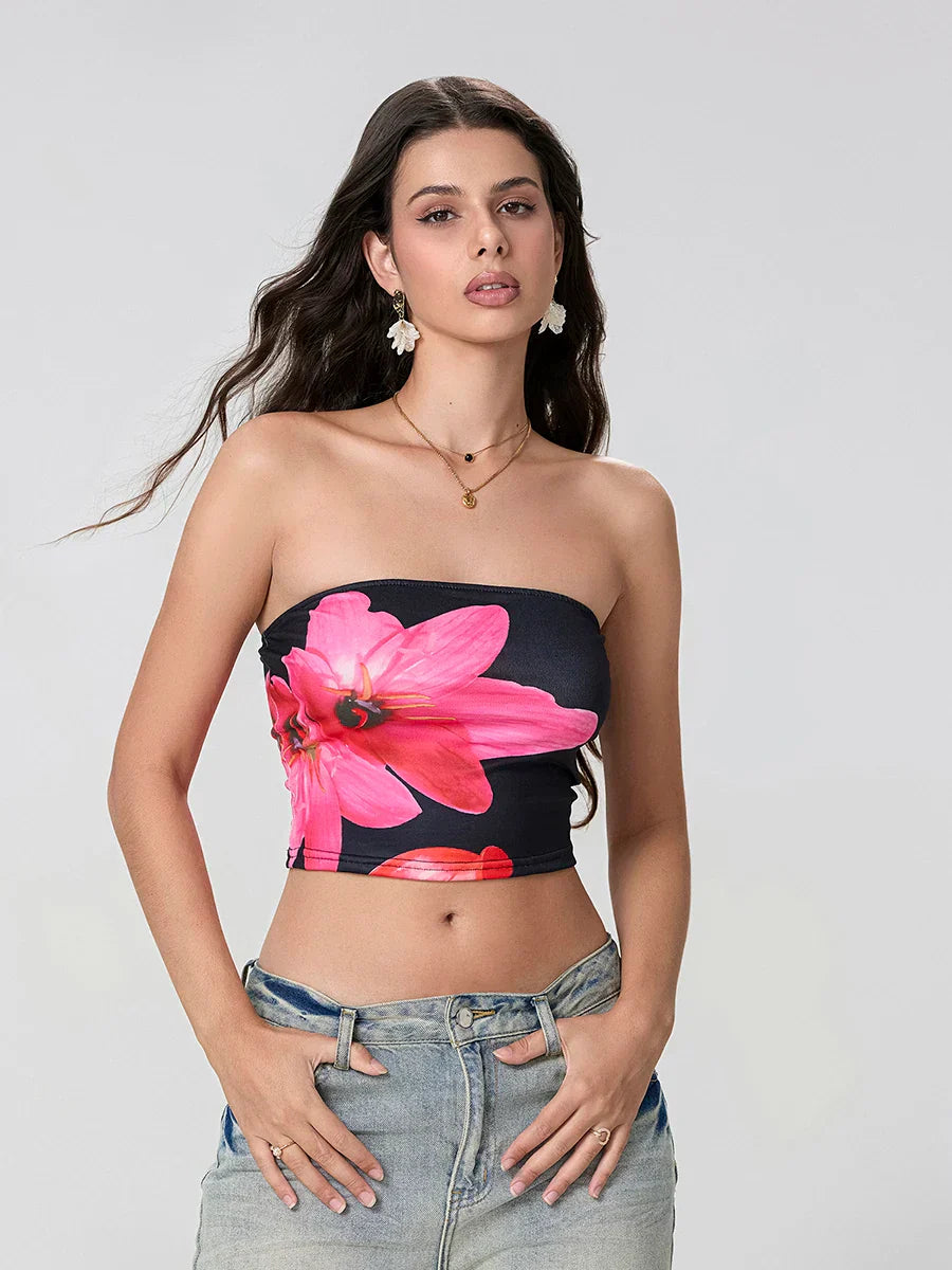 Floral Print Backless Strapless Cropped Tube Top Bandeau