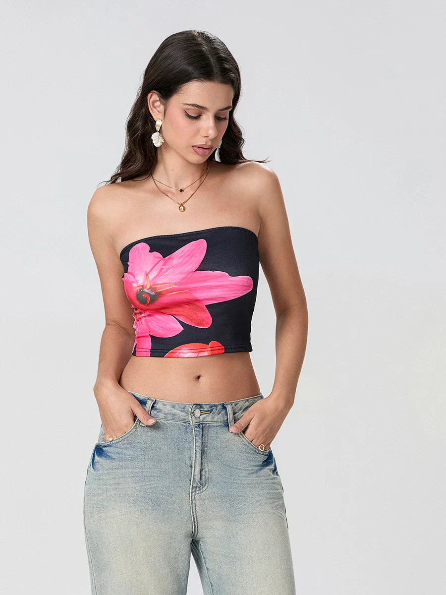 Floral Print Backless Strapless Cropped Tube Top Bandeau