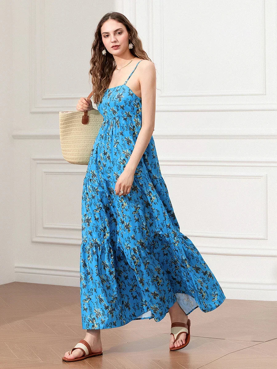 Floral Print Square Neck Sleeveless Tiered Maxi Dress