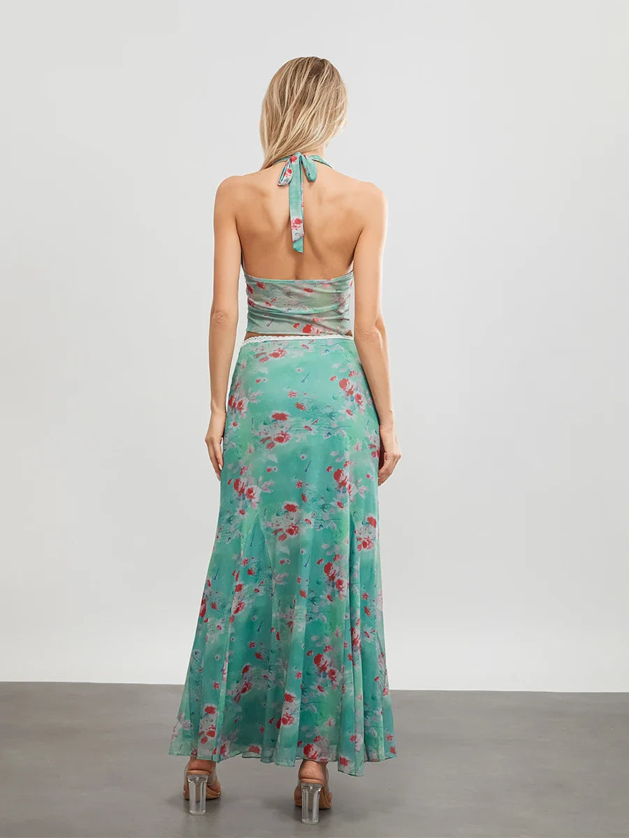Green Floral Sleeveless Tie-up Halter Backless Long Floral Dress