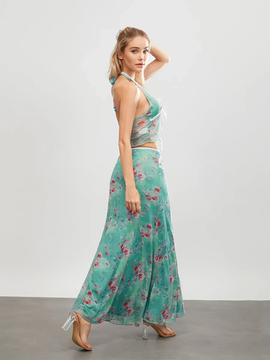 Green Floral Sleeveless Tie-up Halter Backless Long Floral Dress