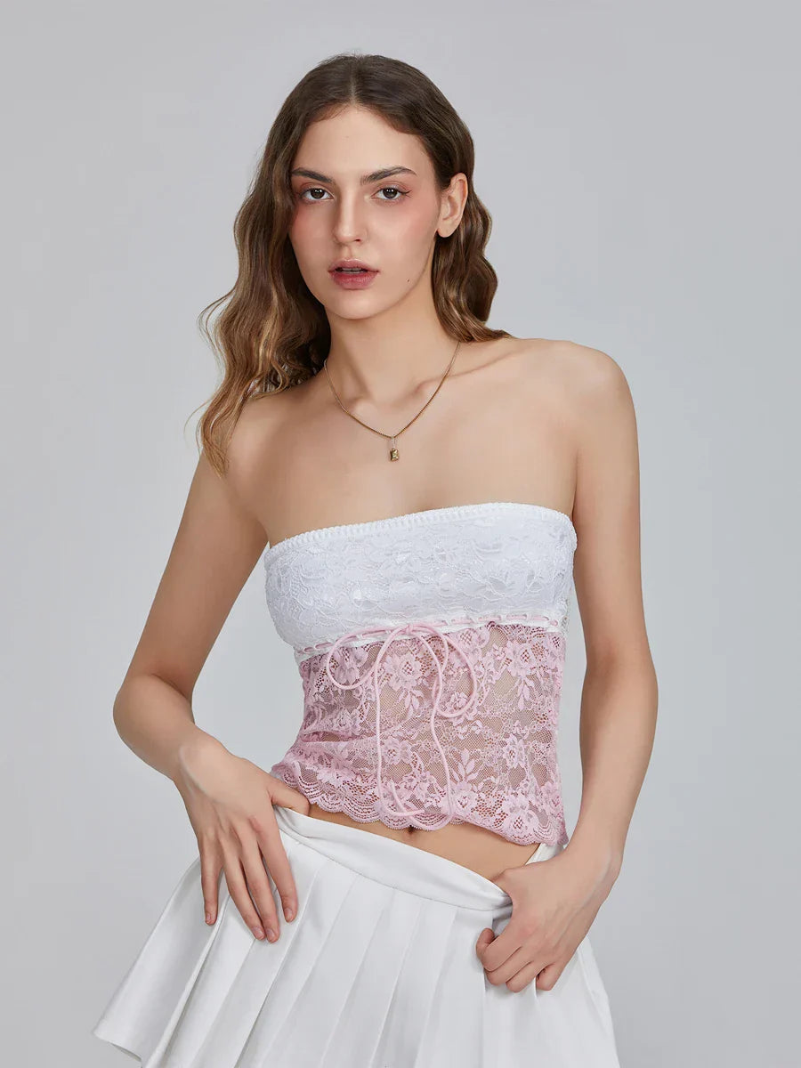Floral Patchwork Bow Tie Front Off-shoulder Bandeau Top