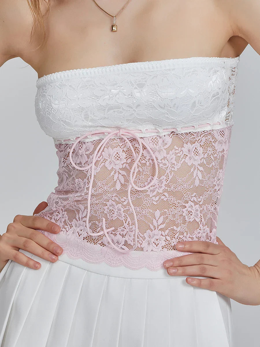 Floral Patchwork Bow Tie Front Off-shoulder Bandeau Top