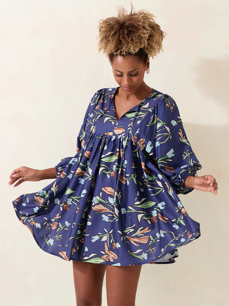 Lantern Sleeve Loose Floral Tied Bodydoll Short Floral Dress