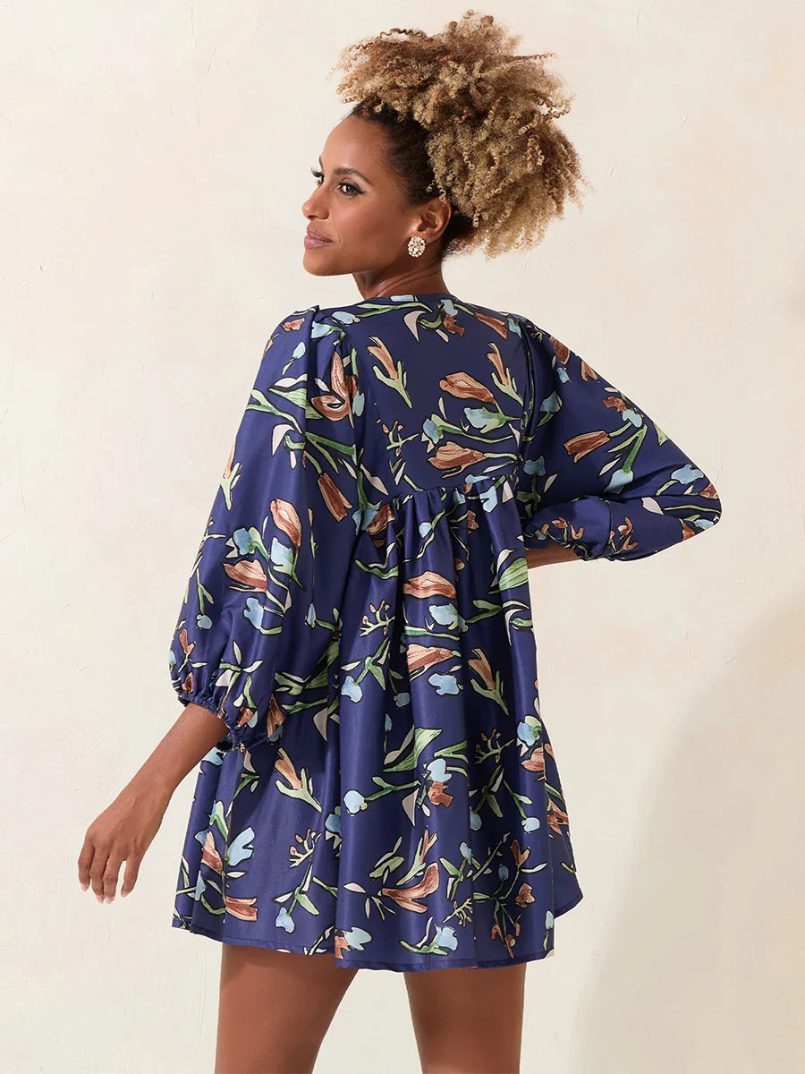 Lantern Sleeve Loose Floral Tied Bodydoll Short Floral Dress