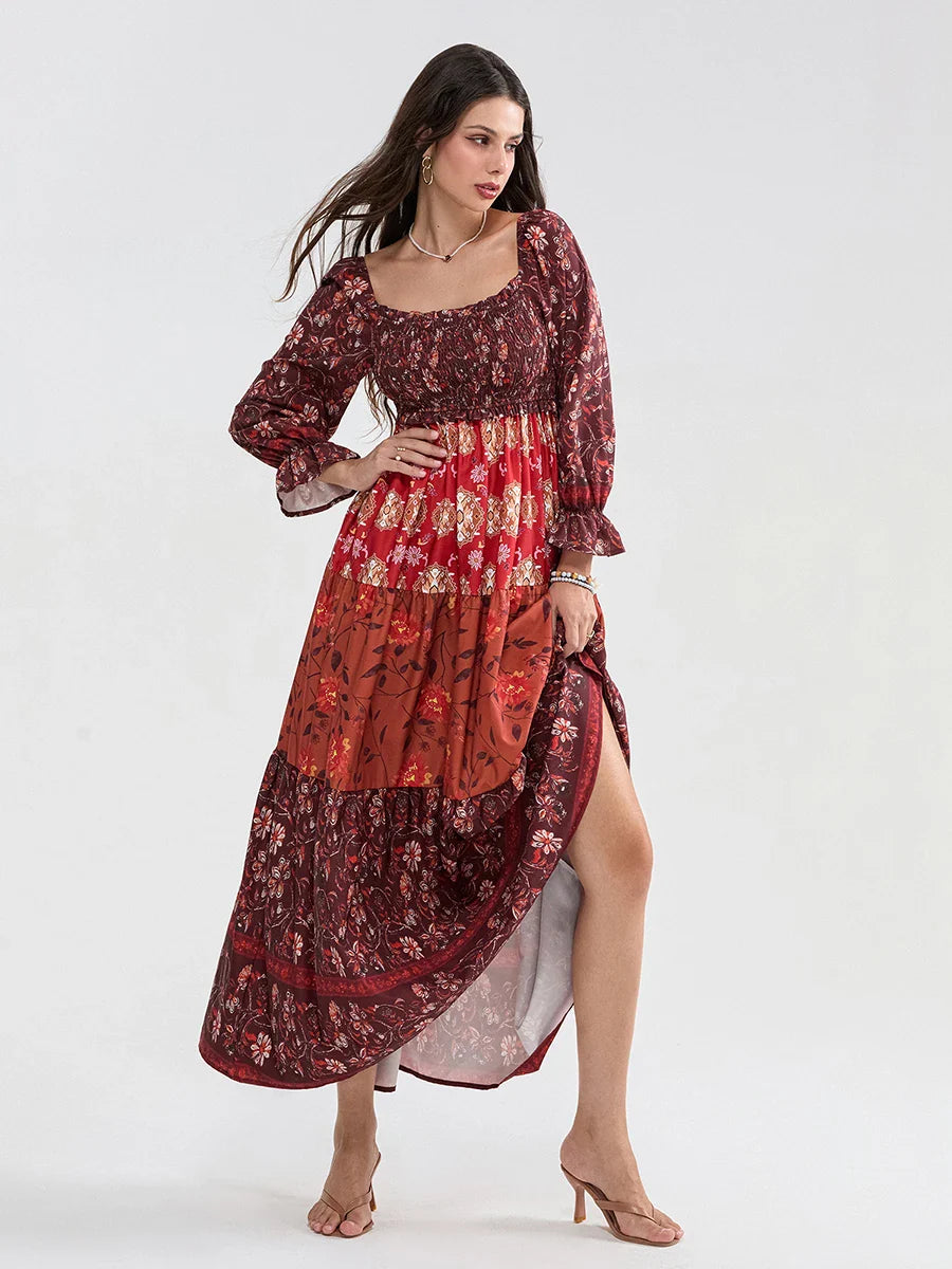 Patchwork Floral Bohemian Off-Shoulder Puff Sleeve Ruffled Vacation Beach Dress
