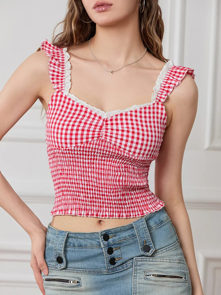Plaid Ruffle Strap Sweetheart Lace Trim Cropped Tank Top