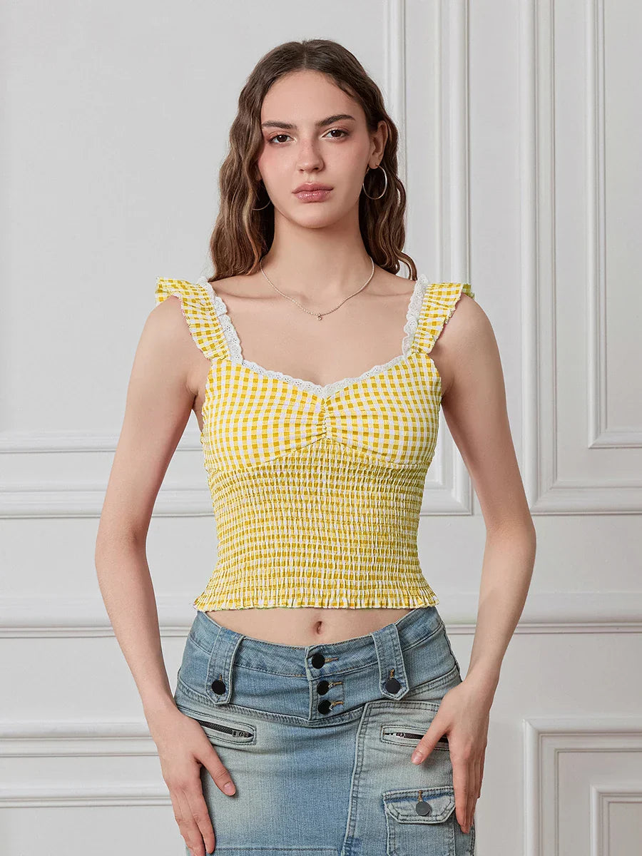 Plaid Ruffle Strap Sweetheart Lace Trim Cropped Tank Top