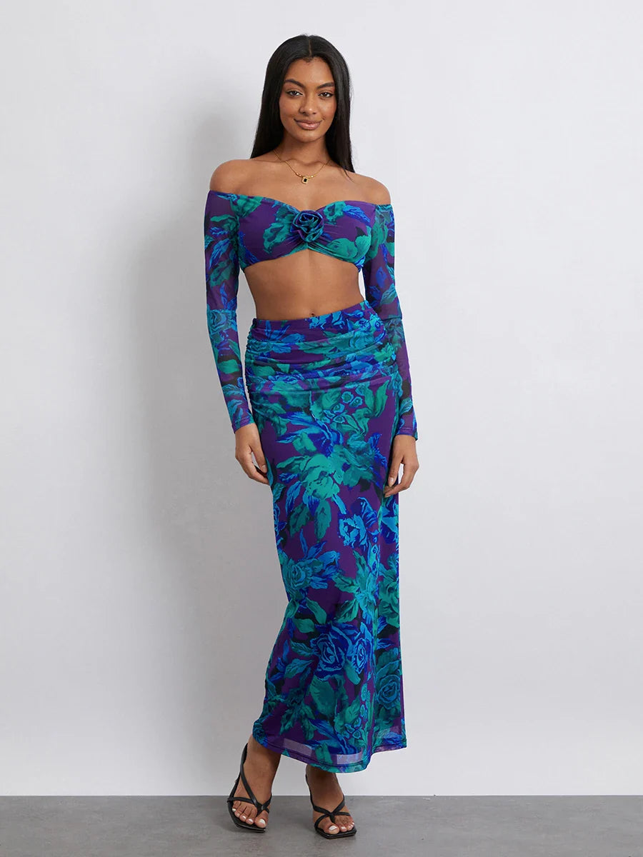 Off-Shoulder Crop Top High Waist Long Floral Skirt