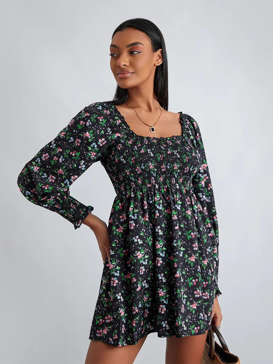 Retro Floral Print Ruffled Trim Square Neck A-Line Short Floral Dress