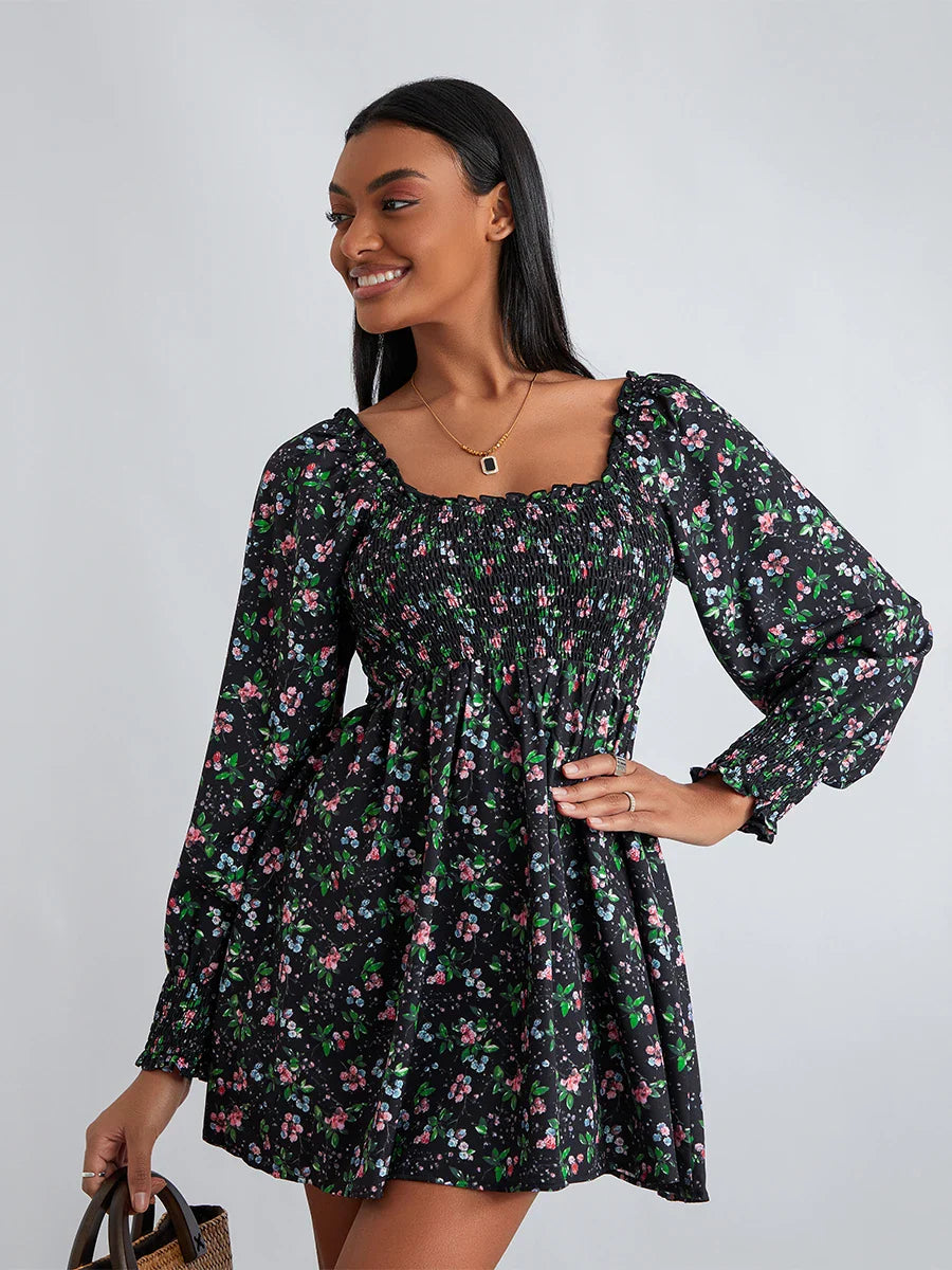 Retro Floral Print Ruffled Trim Square Neck A-Line Short Floral Dress