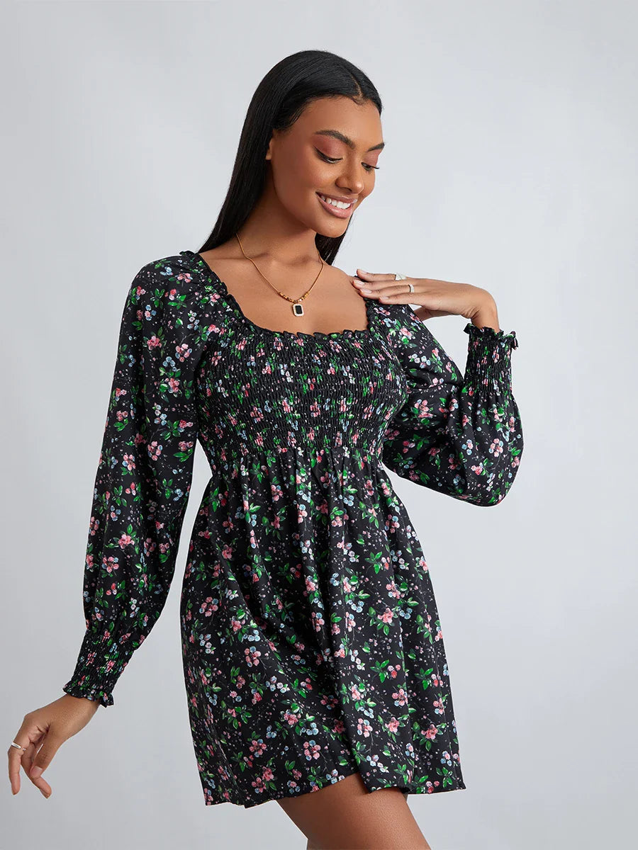 Retro Floral Print Ruffled Trim Square Neck A-Line Short Floral Dress