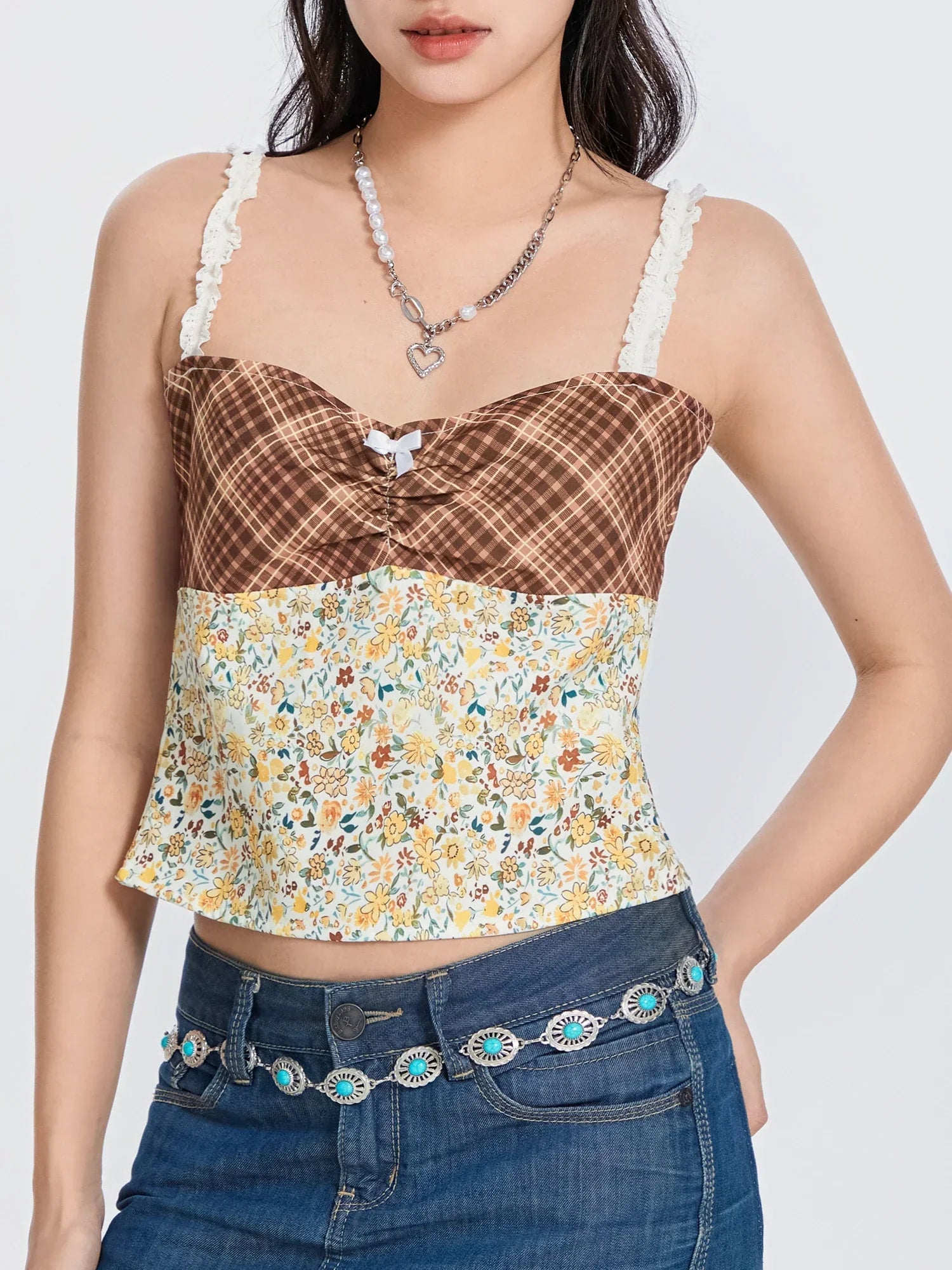 Plaid Floral Patchwork Bow Tie-up Backless Crop Top