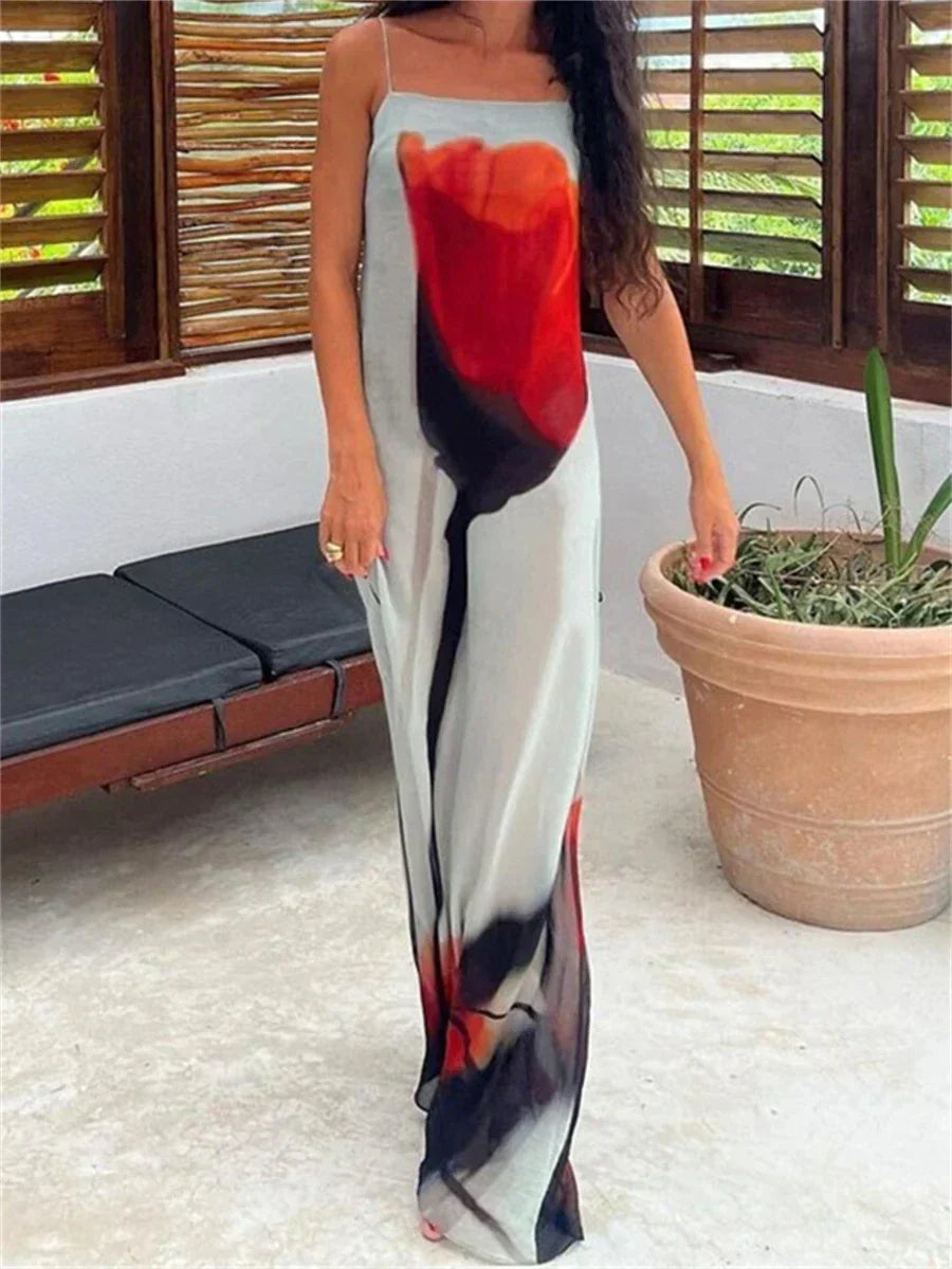 Abstract Print Spaghetti Strap Slip Maxi Dress