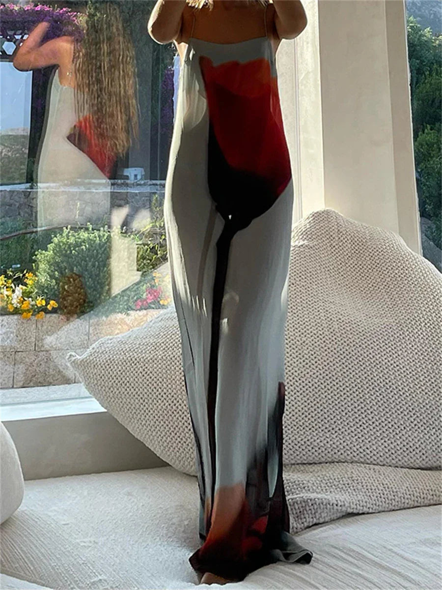 See-Through Abstract Floral Spaghetti Strap Loose Beach Holiday Dress