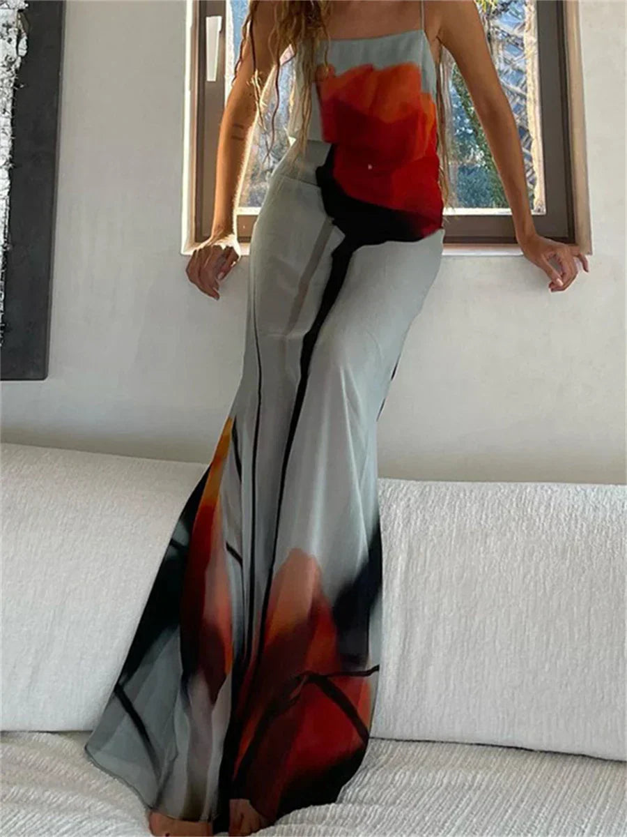 Abstract Print Spaghetti Strap Slip Maxi Dress