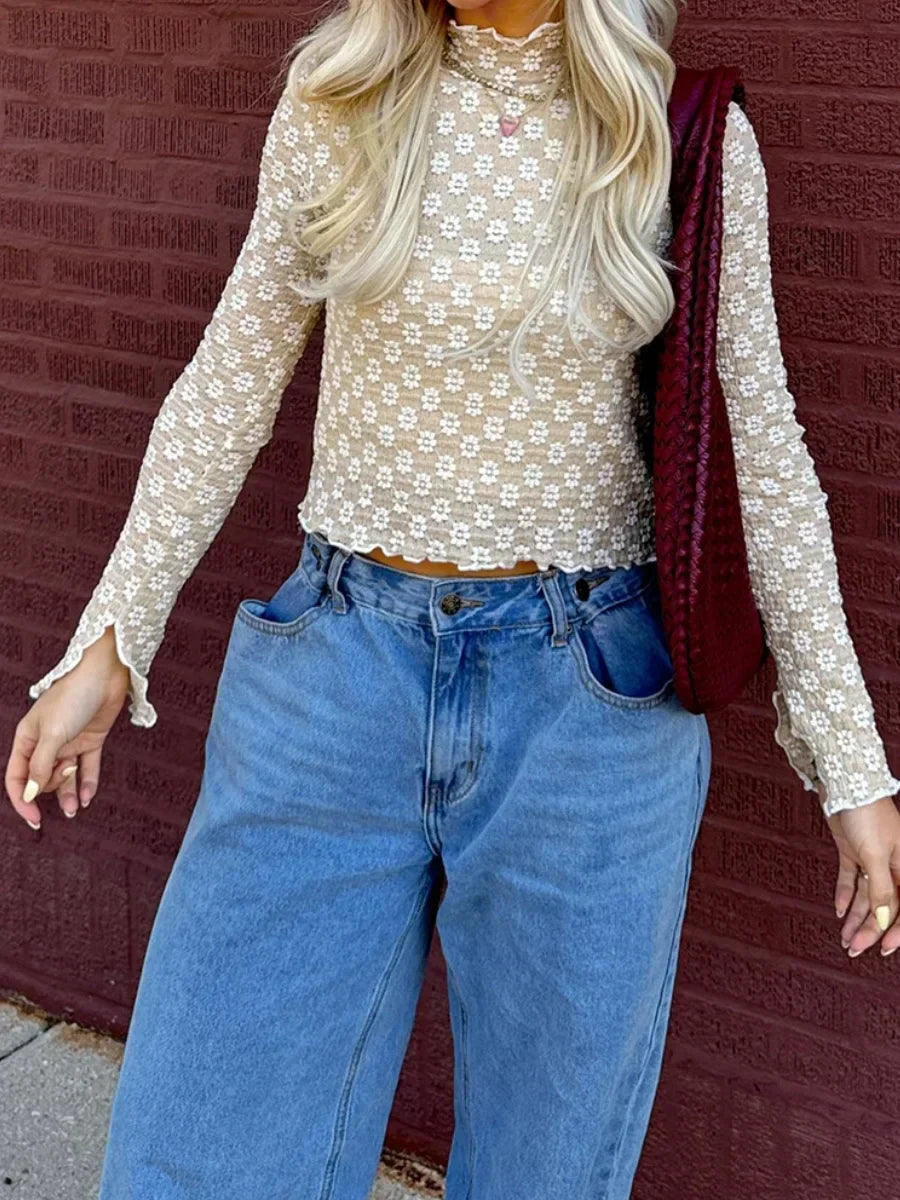 Floral Sheer Mock Neck Long Sleeve Lettuce Hem Crop Top