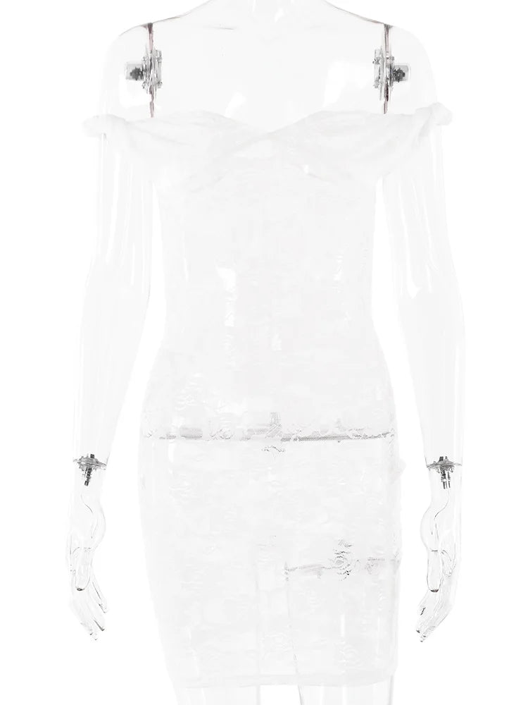 See-Through Lace Floral Off-Shoulder Bodycon Mini Floral Dress