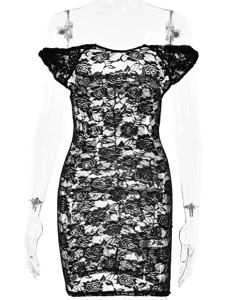 See-Through Lace Floral Off-Shoulder Bodycon Mini Floral Dress