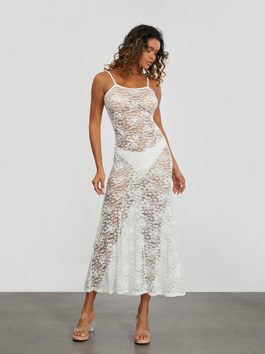 See-Through White Lace Sheer Backless Spaghetti Strap Sundress