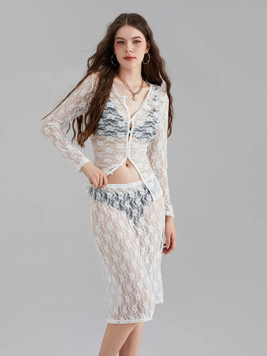 White Lace Mesh Long Sleeve Button-Down Floral Skirt Set