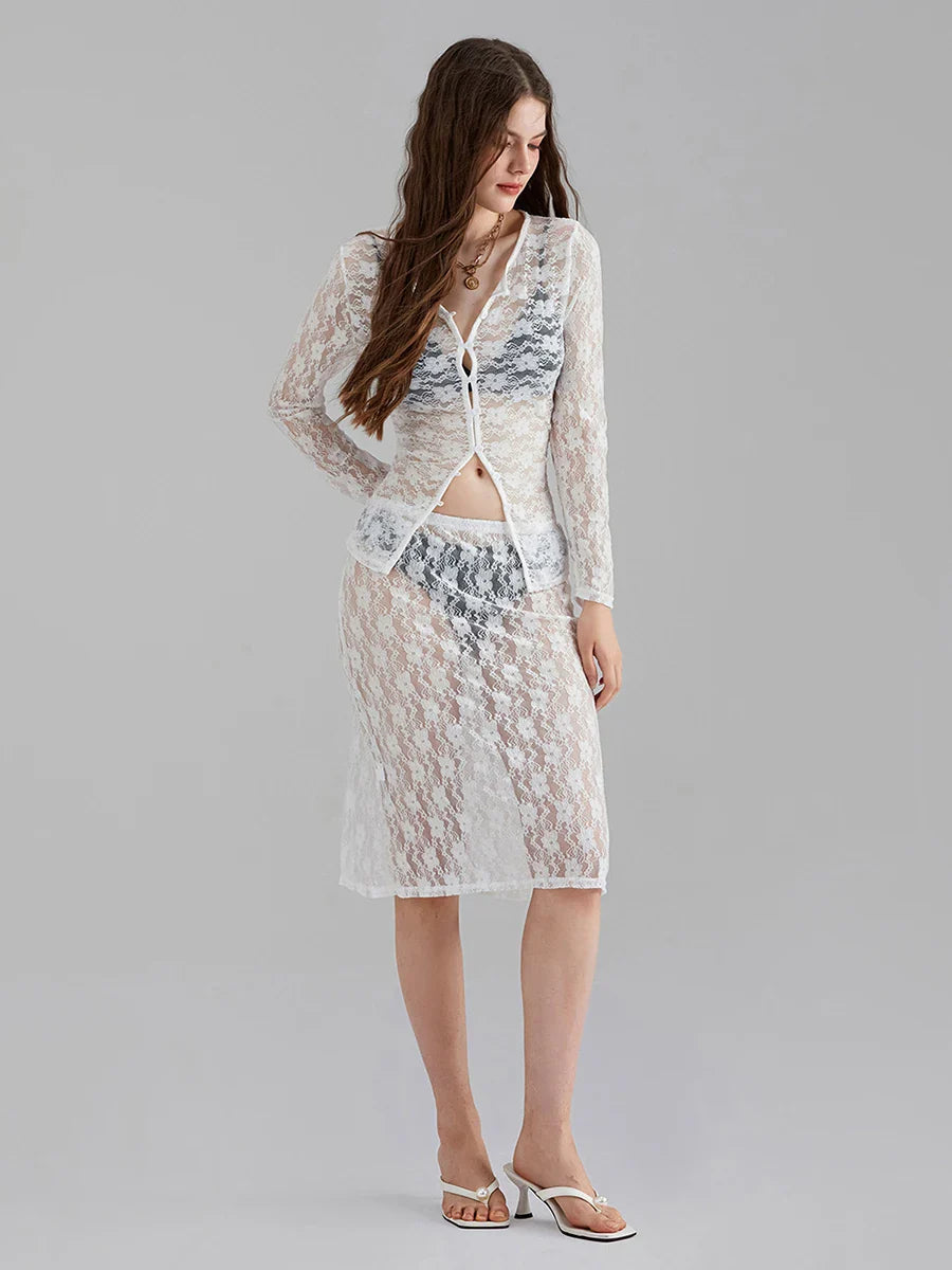 White Lace Mesh Long Sleeve Button-Down Floral Skirt Set