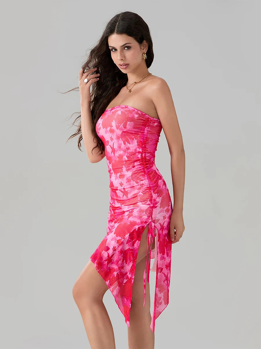 Sexy Floral Print Bandeau Asymmetrical Floral Dress