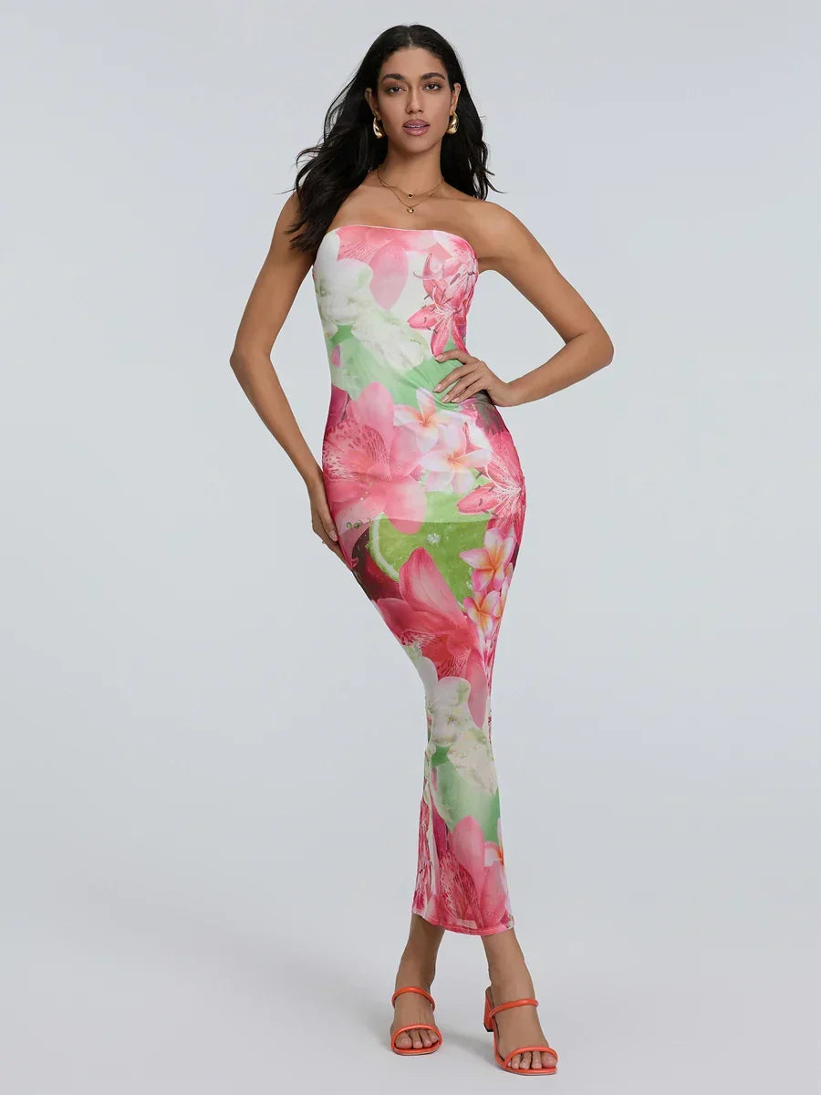Floral Print Strapless Tube Bodycon Maxi Dress
