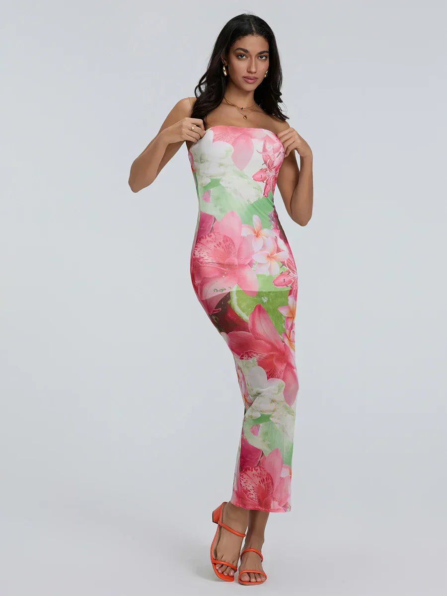 Floral Print Strapless Tube Bodycon Maxi Dress 7