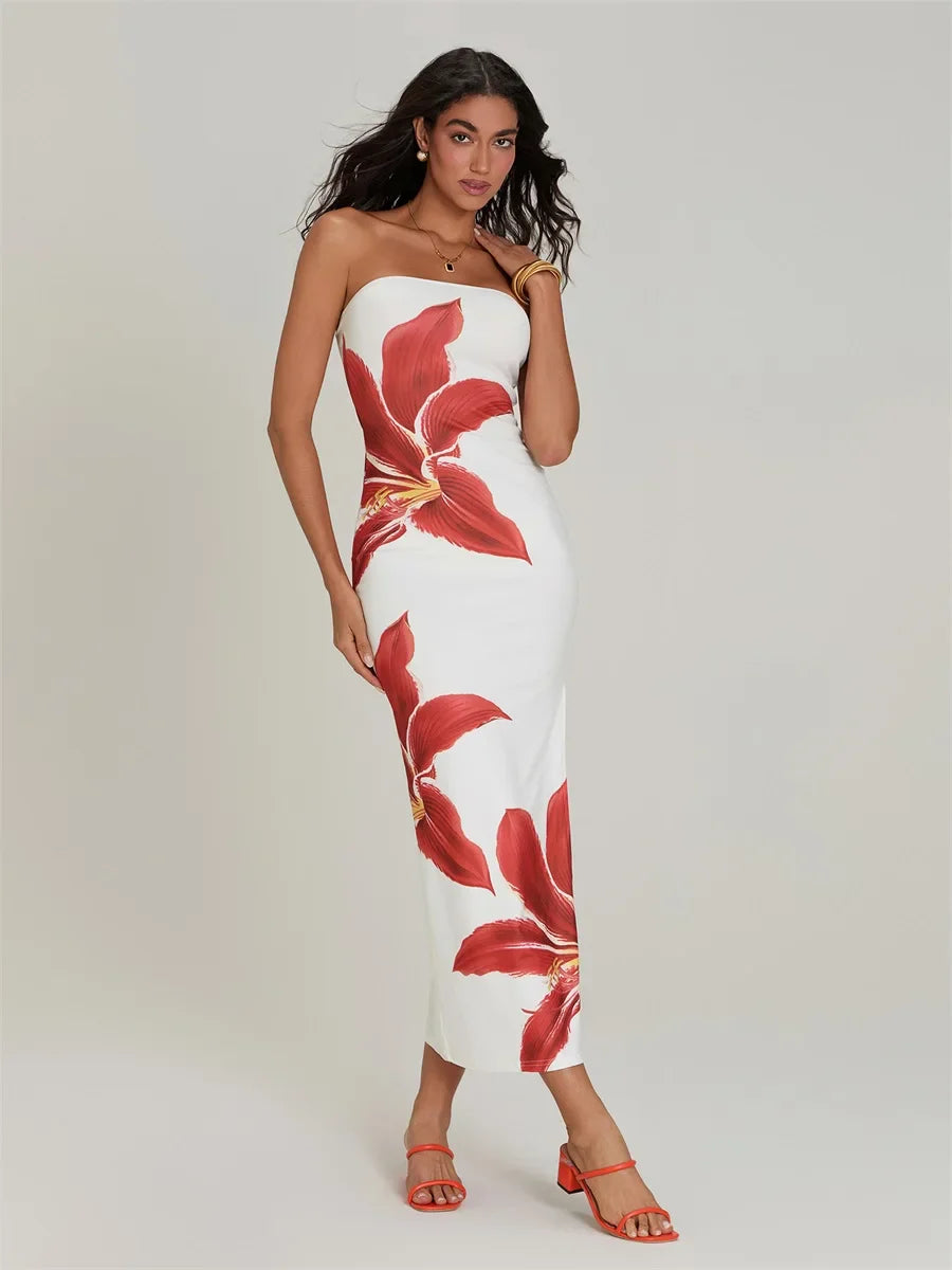 Sexy Strapless Backless Bodycon Floral Dress