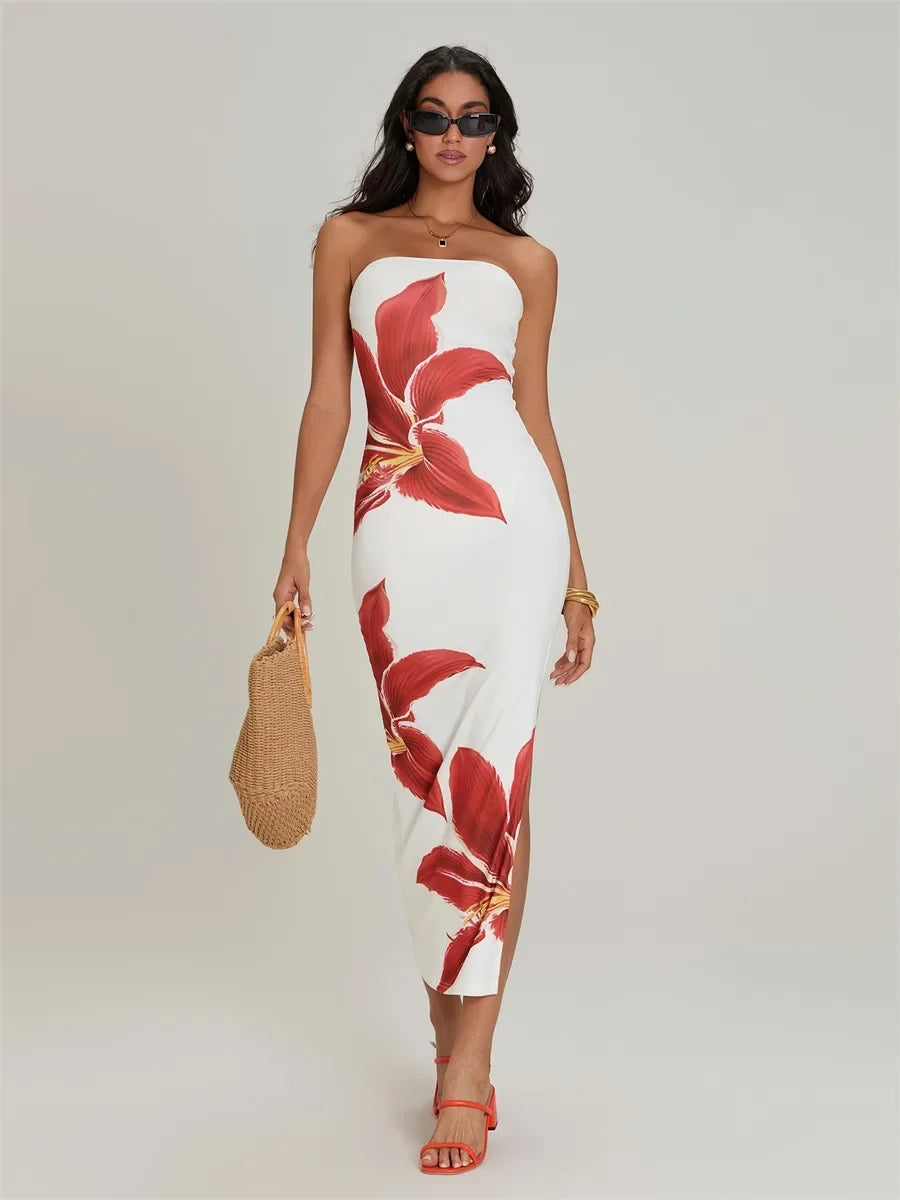 Floral Print Strapless Slit Bodycon Maxi Dress