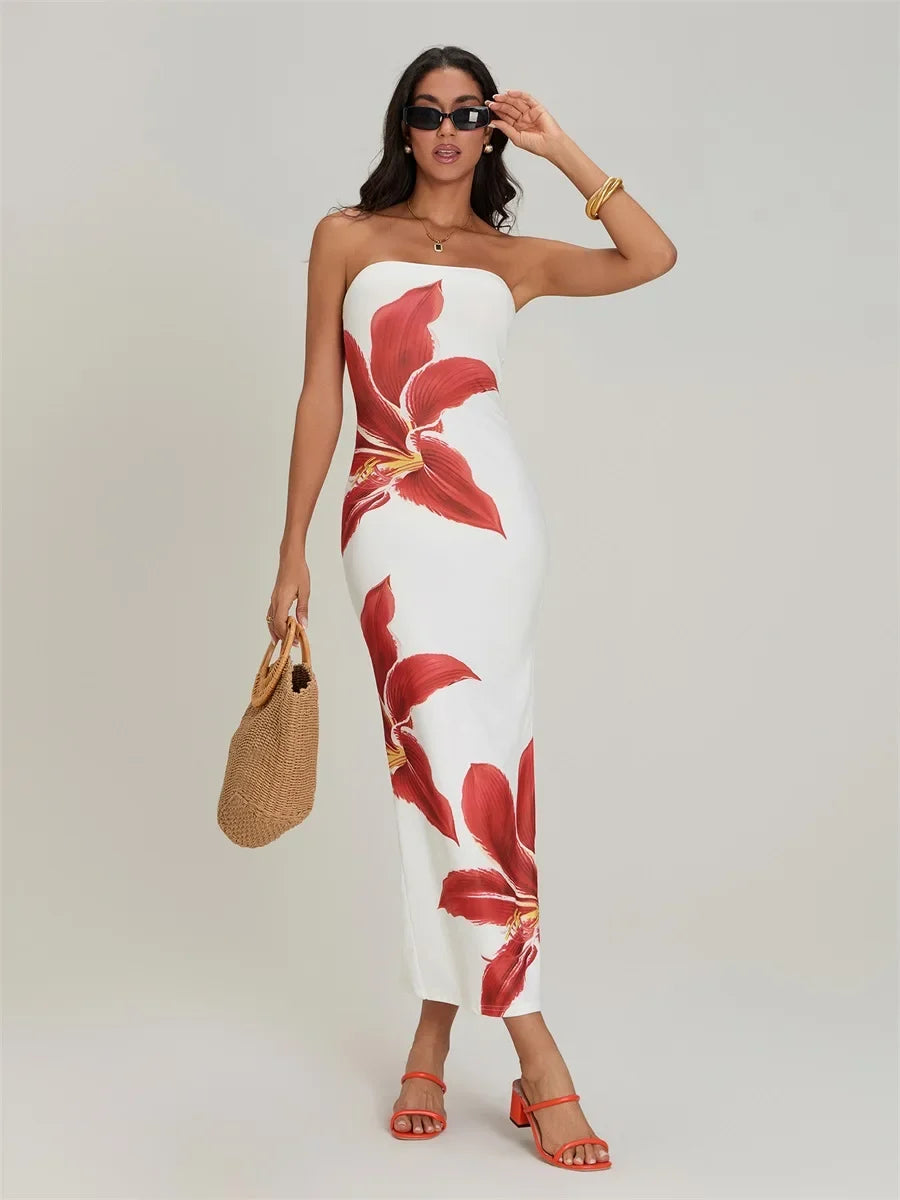 Floral Print Strapless Slit Bodycon Maxi Dress 2