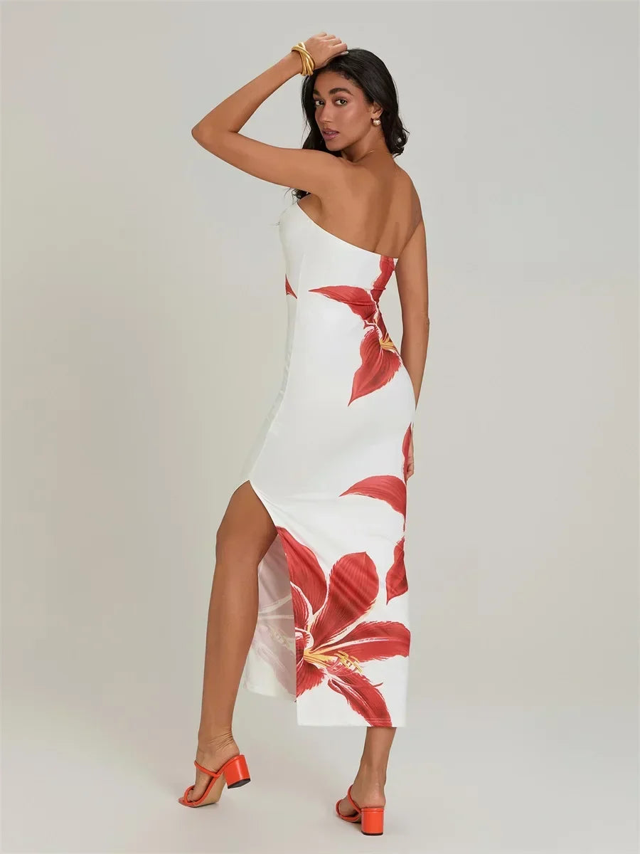 Floral Print Strapless Slit Bodycon Maxi Dress 5