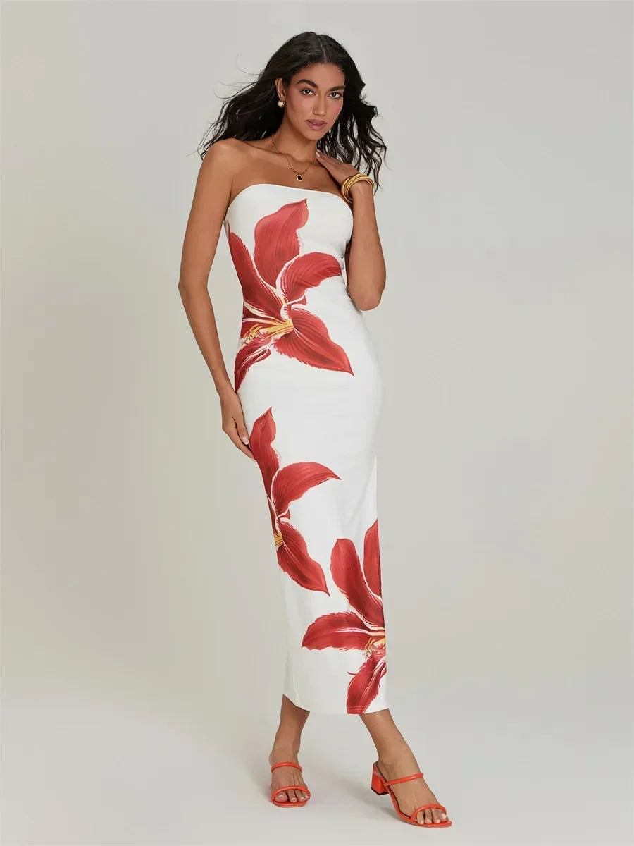 Floral Print Strapless Slit Bodycon Maxi Dress 4